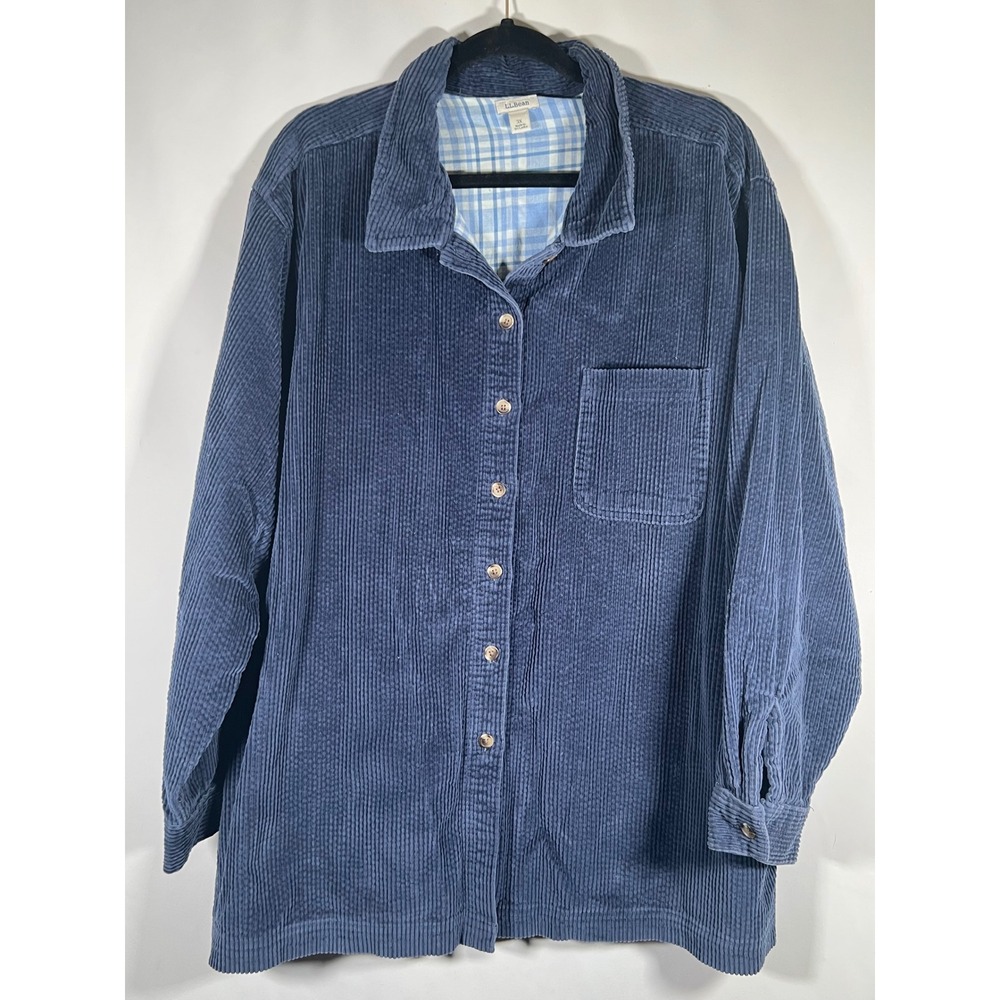 LL Bean Corduroy Shirt Womens 3X Navy Blue Plaid Lined Long Sleeve Cotton 279407